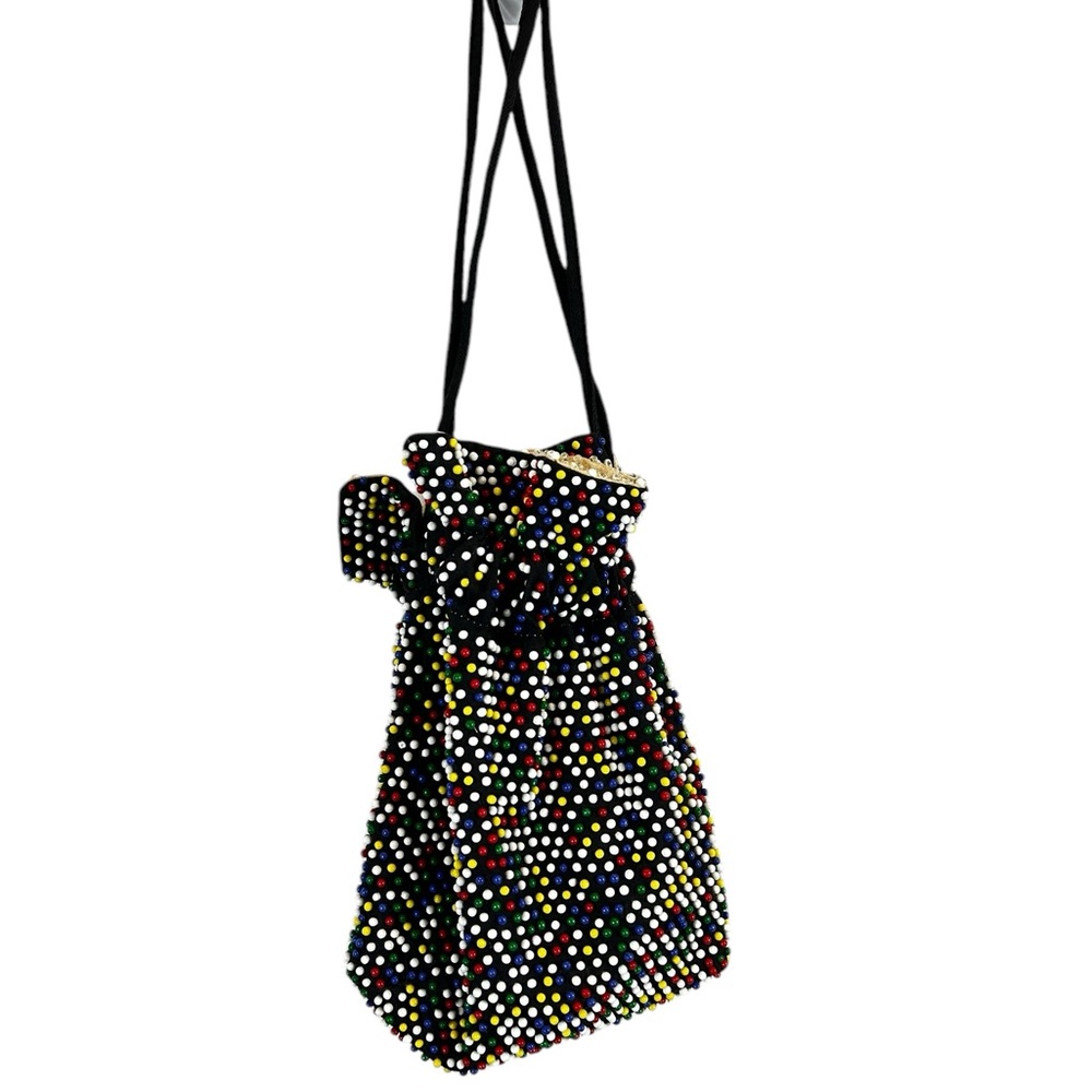 Vintage Mid Century Candy Dot Beaded Drawstring Reversible Handbag Purse